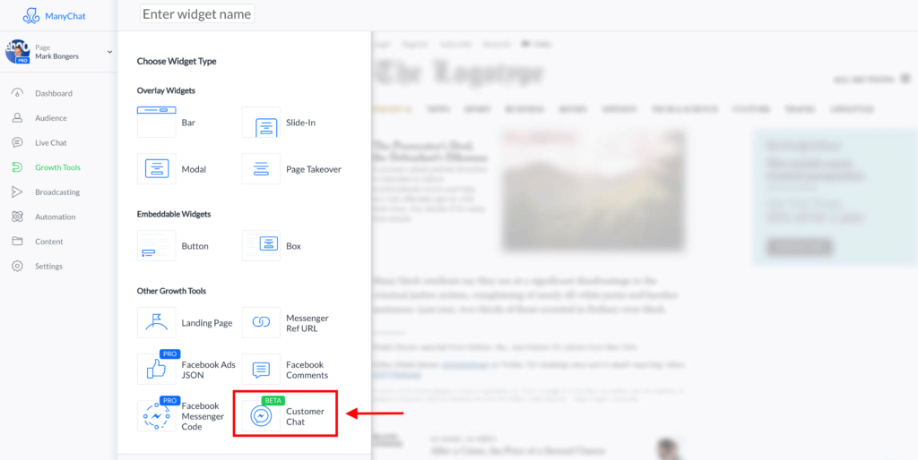Aanmaken Facebook Messenger chat plugin - Manychat