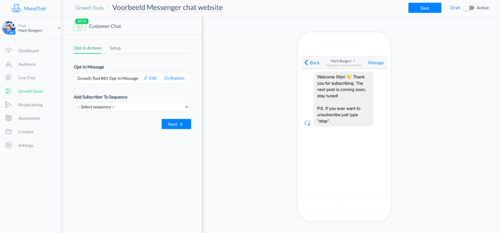 Instellen Facebook Messenger chat plugin - Manychat