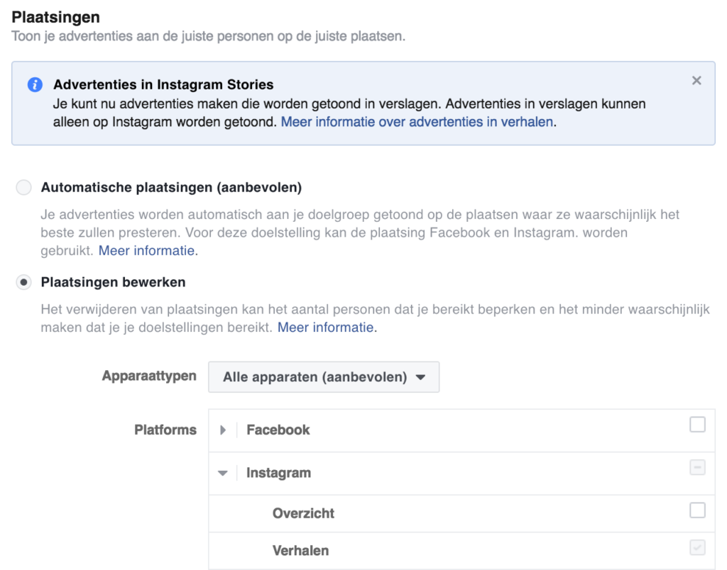 Plaatsingen voor Instagram advertenties